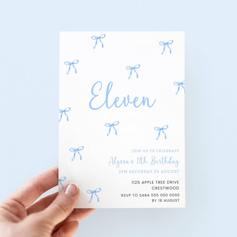 Blue Bow 11th Birthday Invitation Girl, Editable Corjl Template