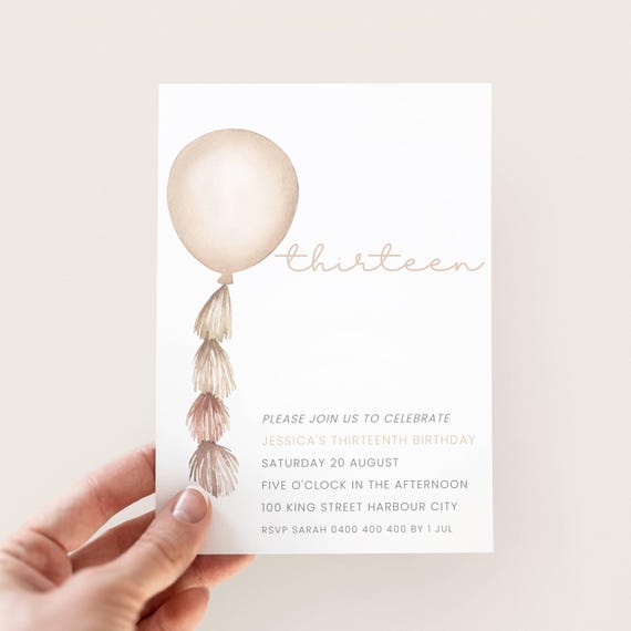 13th Birthday Invitation Teen Girl, Editable Boho 13th Birthday Invite, Digital Download Neutral Birthday Party Invitation for 13 Year Old