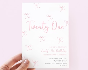 Pink Bow Invitation Girl 21, Editable 21st Birthday Party Invite Girls