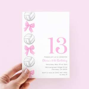 Volleyball Birthday Invitation, Editable Girl Volleyball Invite, Pink Bow Volleyball Party Invitation