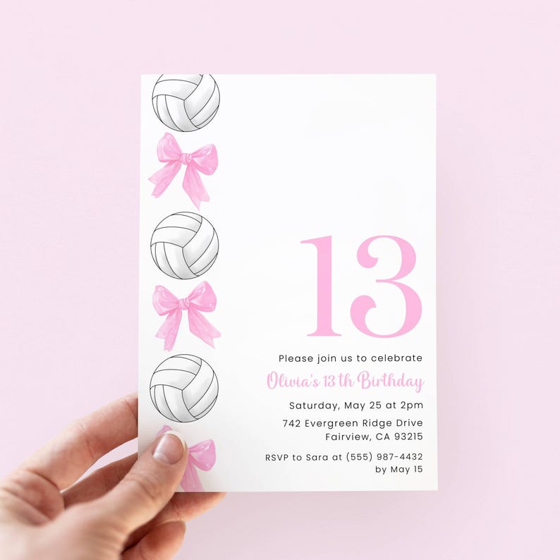 Volleyball Birthday Invitation, Editable Girl Volleyball Invite, Pink Bow Volleyball Party Invitation