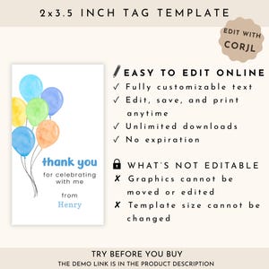Puede incluir: Una plantilla de etiqueta blanca con globos de acuarela en amarillo, verde, azul y naranja. El texto dice "gracias" y "por celebrar conmigo" con un nombre debajo. La etiqueta mide 5,08 cm x 8,89 cm.