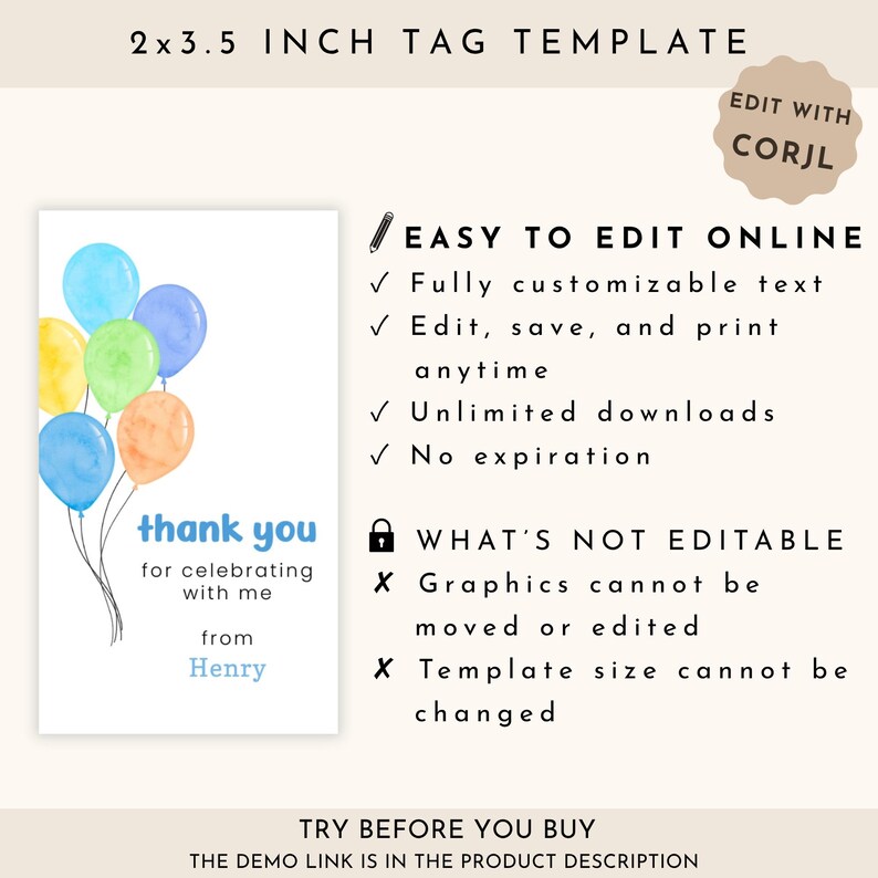 Puede incluir: Una plantilla de etiqueta blanca con globos de acuarela en amarillo, verde, azul y naranja. El texto dice "gracias" y "por celebrar conmigo" con un nombre debajo. La etiqueta mide 5,08 cm x 8,89 cm.