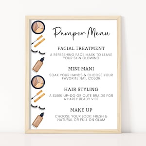 Spa-Party-Menü, bearbeitbares Verwöhnparty-Schild, Spa-Party zum Geburtstag für Mädchen, digitales Verwöhnmenü für Teen-Party, Make-up-Menü-Schild