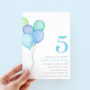 Inbjudan till 5-årsdag i blått och grönt, digital 5-årsdagsinbjudan till pojke, inbjudan till femårsfest för 5-årig pojke, enkel ballong
