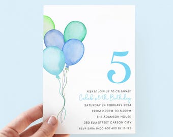 Invitación de cumpleaños para niño de 5 años, azul y verde, plantilla digital.