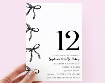 Convite de Aniversário de 12 Anos com Laço Preto, Convite de Aniversário Editável para Menina, Modelo de Convite de Aniversário Coquette para Festa de 12 Anos, Laço Preto