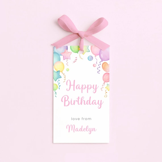 Happy Birthday Gift Tag Printable, Personalized Present Tags for Girls, Digital Template