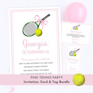 Mädchen-Tennis-Geburtstagseinladung, bearbeitbares rosa Tennis-Party-Einladungspaket, Preppy Tennis Dankeskarte & Favor Tag Printable Set für Kinder