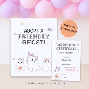 Adopt A Ghost Printable, Halloween Party Activity for Kids, Cute Ghost Adoption Certificate & Sign for Birthday Party Favor Instant Download