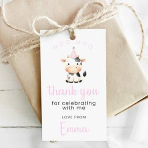 Cow Birthday Tag Editable Moo Moo Thank You Tag for Girl Birthday Party Favor, Pink Cow Favor Tag Template, Cute Cow Party Décor, Farm theme