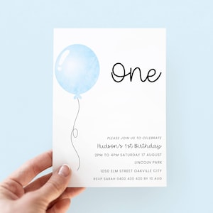 Boy 1st Birthday Invitation Balloon, Editable Blue First Birthday Invite Boy, One Birthday Invitation for 1 Year Old Birthday Party, Simple