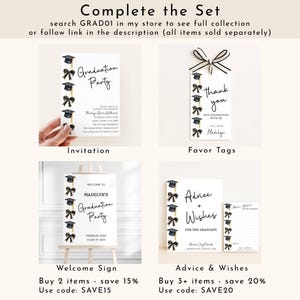 Op de afbeelding: Een verzameling briefpapier voor afstudeerfeesten, waaronder uitnodigingen, bedankkaartjes, een welkomstbord en advieskaarten. Elk item heeft een zwart-gouden kleurenschema met afstudeerpetten en strikken. De tekst "Graduation Party" is prominent aanwezig.