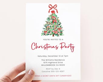 May include: A white invitation card with a watercolor Christmas tree design. The card reads "YOU'RE INVITED TO A Christmas Party" in red script. Additional text includes the date, time, location, RSVP details, and a note about a secret Santa gift.