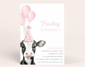 Pink Cow Birthday Invitation Girl, Farm Party Invite, Digital Download