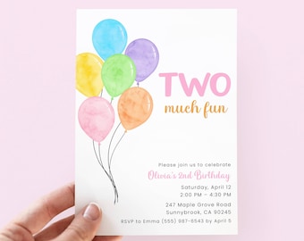 Two Much Fun Invite Girl, 2nd Birthday Invitation Rainbow Balloons, Digital Download