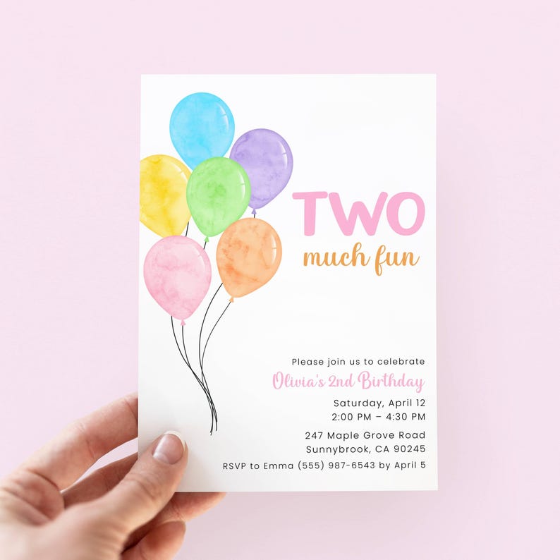 Two Much Fun Invite Girl, 2nd Birthday Invitation Rainbow Balloons, Digital Second Birthday Party Invite for 2 Year Old, 2nd Birthday theme