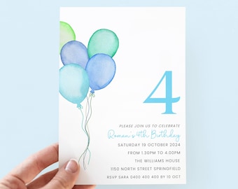 Invitación de cumpleaños para niño de 4 años, invitación para fiesta de 4 años, descarga digital.