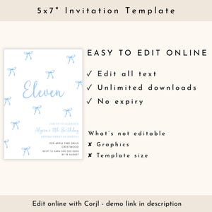 Blue Bow Invitation Girl 11, Editable 11th Birthday Party Invite Girls image 5