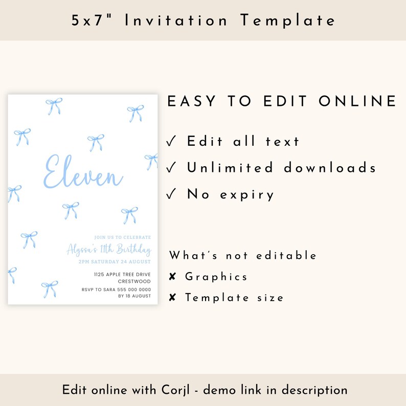 Blue Bow Invitation Girl 11, Editable 11th Birthday Party Invite Girls image 5