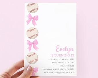 Inbjudan till basebollfest för tjej, redigerbar rosa basebollfödelsedagsinbjudan tjejig basebollinbjudan, digital basebollinbjudan med rosa rosett