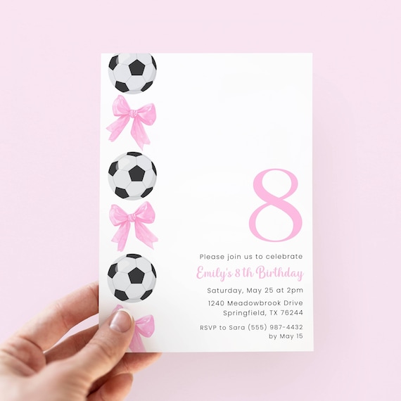 Soccer Birthday Invitation Girl, Editable Girl Soccer Invite, Pink Bow Soccer Party Invitation