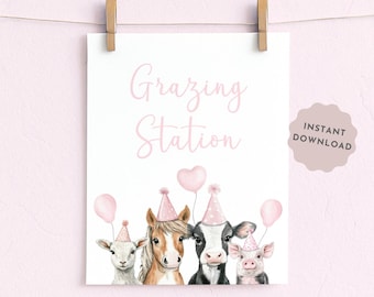 Rosa Farm Party Zeichen, Grasen Station Zeichen Mädchen Bauernhof Geburtstag Zeichen, Sofort Download Barnyard Geburtstag Grasen Tisch Zeichen Digital, Pink
