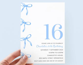 Blue Bow 16th Birthday Invitation Girl, Editable Digital Template