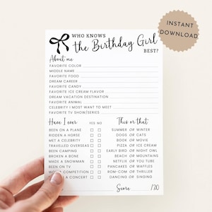 Chi conosce la festeggiata? Stampabile, Gioco per feste di compleanno per ragazze adolescenti con fiocco nero, Download immediato del gioco per feste di compleanno per ragazze, Gioco per compleanni per adolescenti