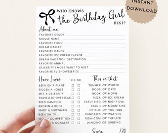 Wer kennt das Geburtstagskind am besten zum ausdrucken, Teen Girl Party Spiel Black Bow, Instant Download Girl-Geburtstagsparty Spiel, Tween Geburtstagsspiel