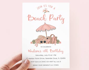 Beach Birthday Invitation, Editable Beach Party Invite Girl, Digital Summer Birthday Party Invitation for Teen Girl, Cute Beach Invitation