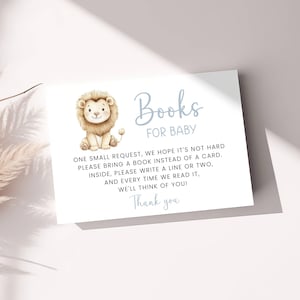 Biglietti con libri di leoni per neonati, libri modificabili con safari blu per baby shower, libri per inserti per baby shower maschietto, Little Wild One