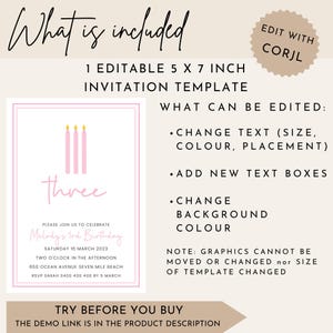 K&ouml;nnte beinhalten: Editierbare 5x7 Zoll Geburtstagseinladungsvorlage mit rosa Kerzen und dem Wort "Three" in rosa Schrift. Die Vorlage enth&auml;lt den Text "Please join us to celebrate Melody's 3rd Birthday" und Details zur Veranstaltung. Der Text "EDIT WITH CORJL" befindet sich in einem wei&szlig;en Kreis mit schwarzem Rand.