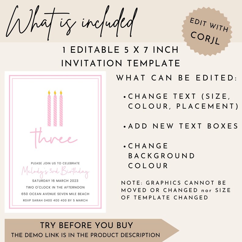 K&ouml;nnte beinhalten: Editierbare 5x7 Zoll Geburtstagseinladungsvorlage mit rosa Kerzen und dem Wort "Three" in rosa Schrift. Die Vorlage enth&auml;lt den Text "Please join us to celebrate Melody's 3rd Birthday" und Details zur Veranstaltung. Der Text "EDIT WITH CORJL" befindet sich in einem wei&szlig;en Kreis mit schwarzem Rand.