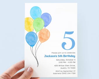 5th Birthday Invitation Boy, Colorful Balloons Kids Party Invite for 5 Year Old