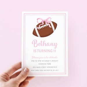 Football Birthday Invitation Girl, Editable Birthday Girl Invite Pink, Girl Football Party Invitation Template, Girly Football Pink Bow