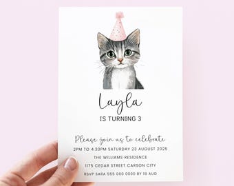 Cat Birthday Invitation Girl, Editable Pink Kitten Party Invite for Girls