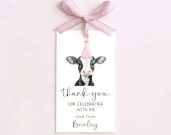 Pink Cow Birthday Thank You Tags for Party Favors, Editable Farm Favor Tag