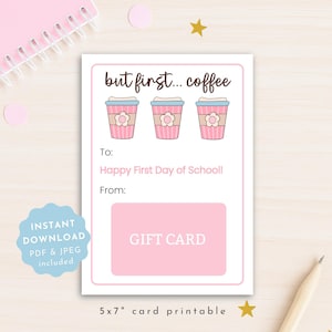 Porte-cartes café pour la rentrée des classes pour professeur, carte-cadeau imprimable en remerciement des enseignants, téléchargement immédiat, cadeau premier jour pour professeur de café