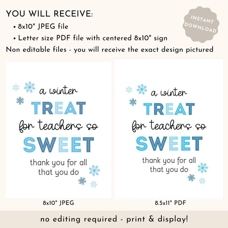Winter Teacher Treat Sign Printable, Teacher Appreciation Thank You for ...