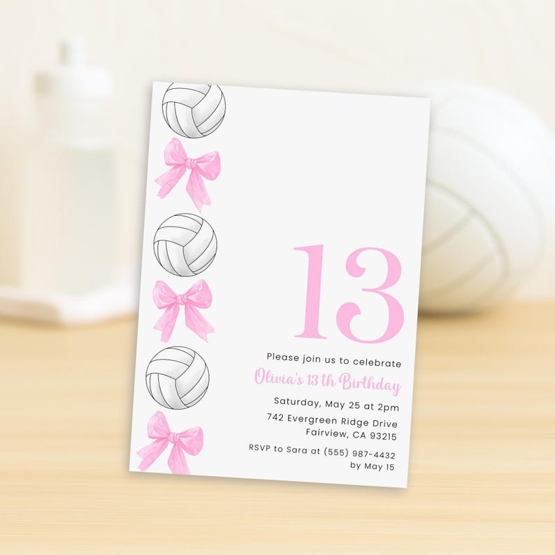 Volleyball Birthday Invitation, Editable Girl Volleyball Invite, Pink Bow Volleyball Party Invitation image 5