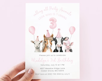 Pink Farm Invitation Girl 3, Editable Farm Animal 3rd Birthday Party Invite, Digital Template
