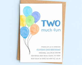 Two Much Fun Invite, 2nd Birthday Invitation for 2 Year Old Boy, Digital Template