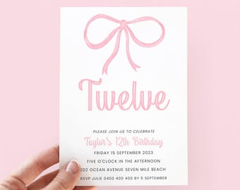 Pink Bow Invitation 12th, Coquette Birthday Party Invite 12 Year Old Girl, Digital Download