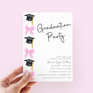 Graduation Invitation Pink Bow, Editable Graduation Invite Template, Pink Bow Graduation Party Invitation, Grad Party Invite for Girl 2025