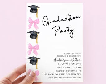 Pink Bow Graduation Invitation Girl, Editable 2026 Grad Party Invite Template