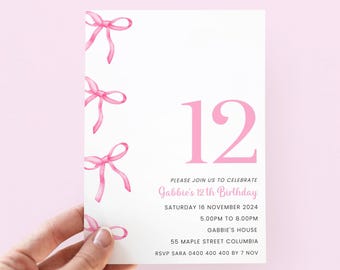 Pink Bow 12th Birthday Invitation, Party Invite for 12 Year Old Girl, Digital Download