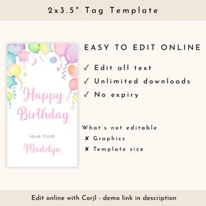 Happy Birthday Gift Tag Printable, Personalized Present Tags for Girls, Digital Template image 3