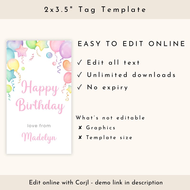 Happy Birthday Gift Tag Printable, Personalized Present Tags for Girls, Digital Template image 3