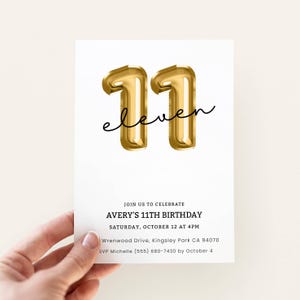 11th Birthday Invitation, Editable Gold Party Invite for 11 Year Old Tween Girl or Boy, Eleven, Digital Template